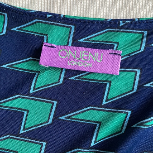 Onjenu London Stretchy Draped Geometric Pattern Blue Green Faux Wrap Dress Sz 10 - Picture 5 of 6